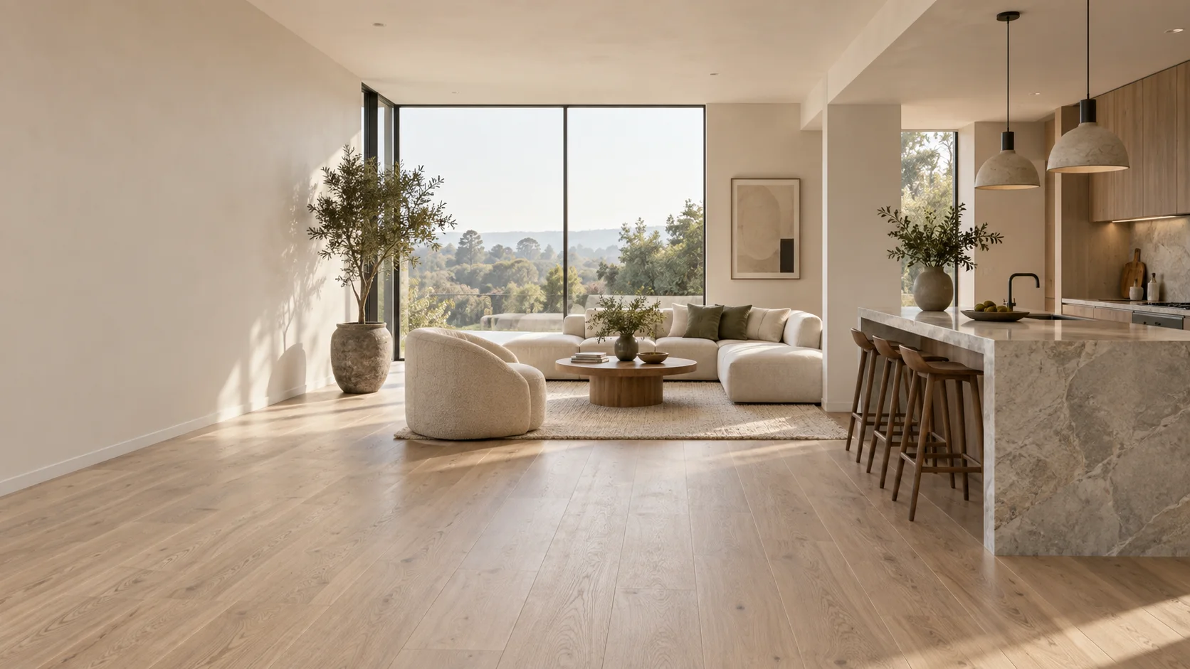 Espacio contemporáneo con suelo de roble natural