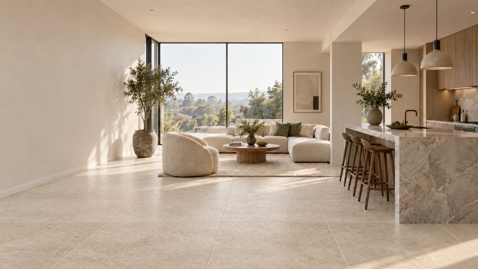 Espacio contemporáneo con suelo de piedra caliza clara